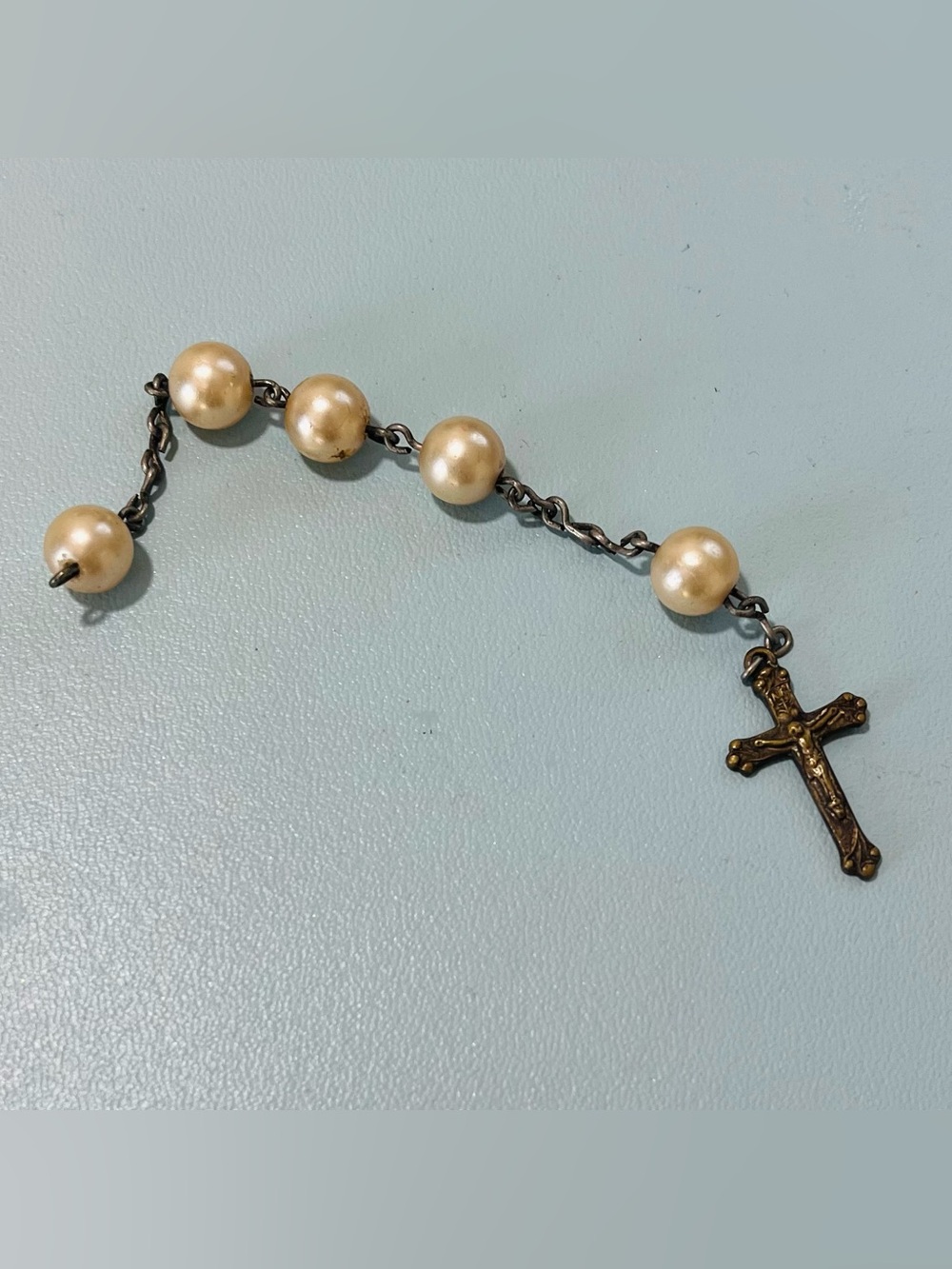 Vintage Brass Rosary with Cream Pearls